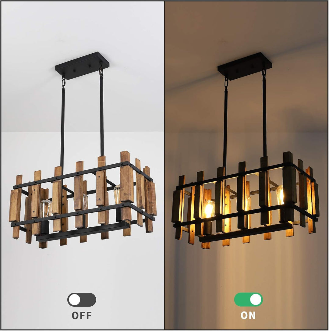 Rustic Farmhouse Pendant Light 3-Light Kitchen Island Lighting Fixture Rectangular Wood Cage Hanging Chandelier Lights for Dining Room Kitchen Island