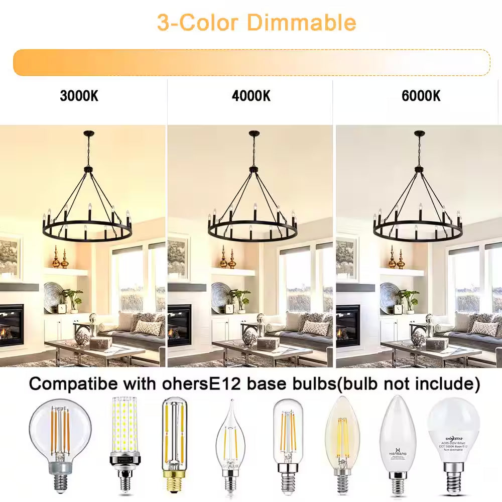 12-Light Wagon Wheel Chandelier, 31 In. Black round Chandeliers Outdoor Porch Light Fixtures