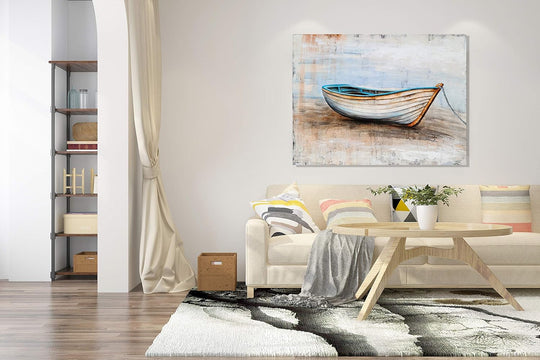 Coastal Canvas Wall Art Hand Painted Boat Still Life Painting Modern Nautical Pictures Aesthetic Artwork for Living Room Bedroom Bathroom Decor