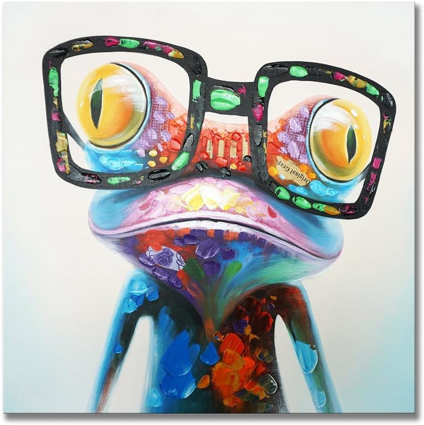 Colorful Animal Wall Art Cute Happy Frog with Glasses Painting Hip Hop Funny Canvas Picture for Kids Boy Girl Room Bathroom Nursery Office Décor 32 X 32 Inch