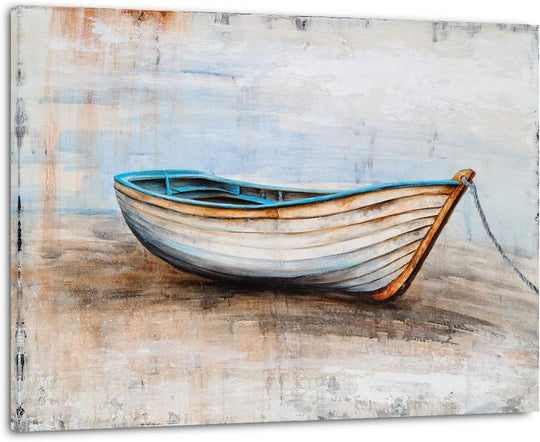 Coastal Canvas Wall Art Hand Painted Boat Still Life Painting Modern Nautical Pictures Aesthetic Artwork for Living Room Bedroom Bathroom Decor
