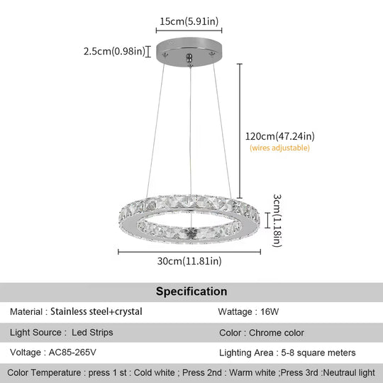 Modern round Stainless Steel 15W round Led Crystal Chandelier Lights for Living Room