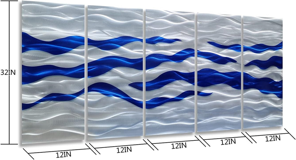 Abstract Coastal Metal Wall Art Handcrafted Big 3D Blue and Silver Artwork Modern Sea Waves Pictures Contemporary Sculpture for Living Room Bedroom Bathroom Decor