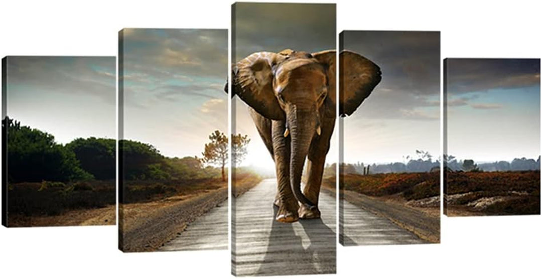 Elephant Canvas Prints Wall Art Animals Pictures to Photo Paintings Decor for Living Room Bedroom Home Decorations 5 Piece Modern Stretched and Framed Grace Grey Landscape Giclee Artwork