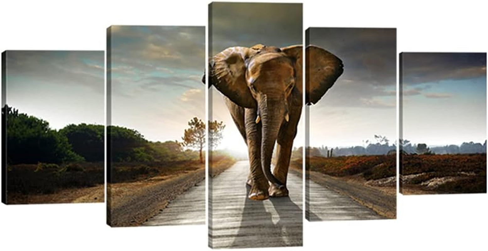 Elephant Canvas Prints Wall Art Animals Pictures to Photo Paintings Decor for Living Room Bedroom Home Decorations 5 Piece Modern Stretched and Framed Grace Grey Landscape Giclee Artwork