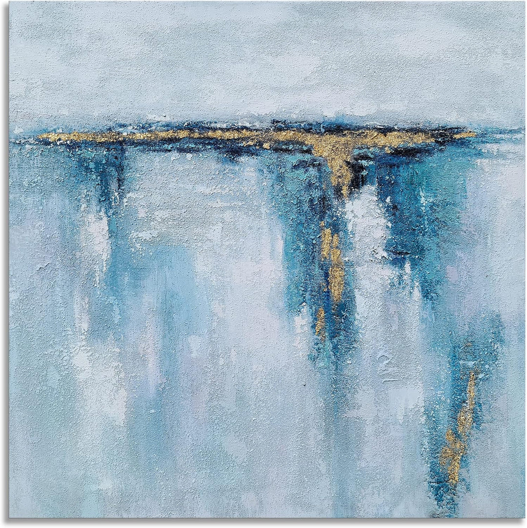 Abstract Ocean Canvas Wall Art with Gold Foil Hand Painted Modern 3D Coastal Paintings Contemporary Square Pictures for Living Room Bedroom Bathroom Decor