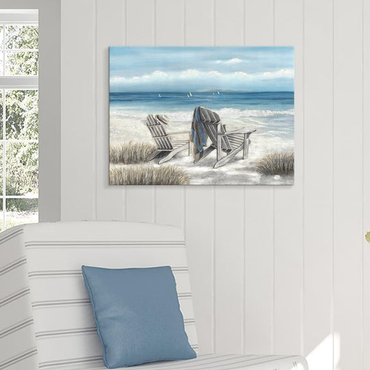 Abstract Seascape Canvas Wall Art: Beach Chair on Sand Painting Print for Bedroom (24" W X 18" H, Multiple Sizes/Material)