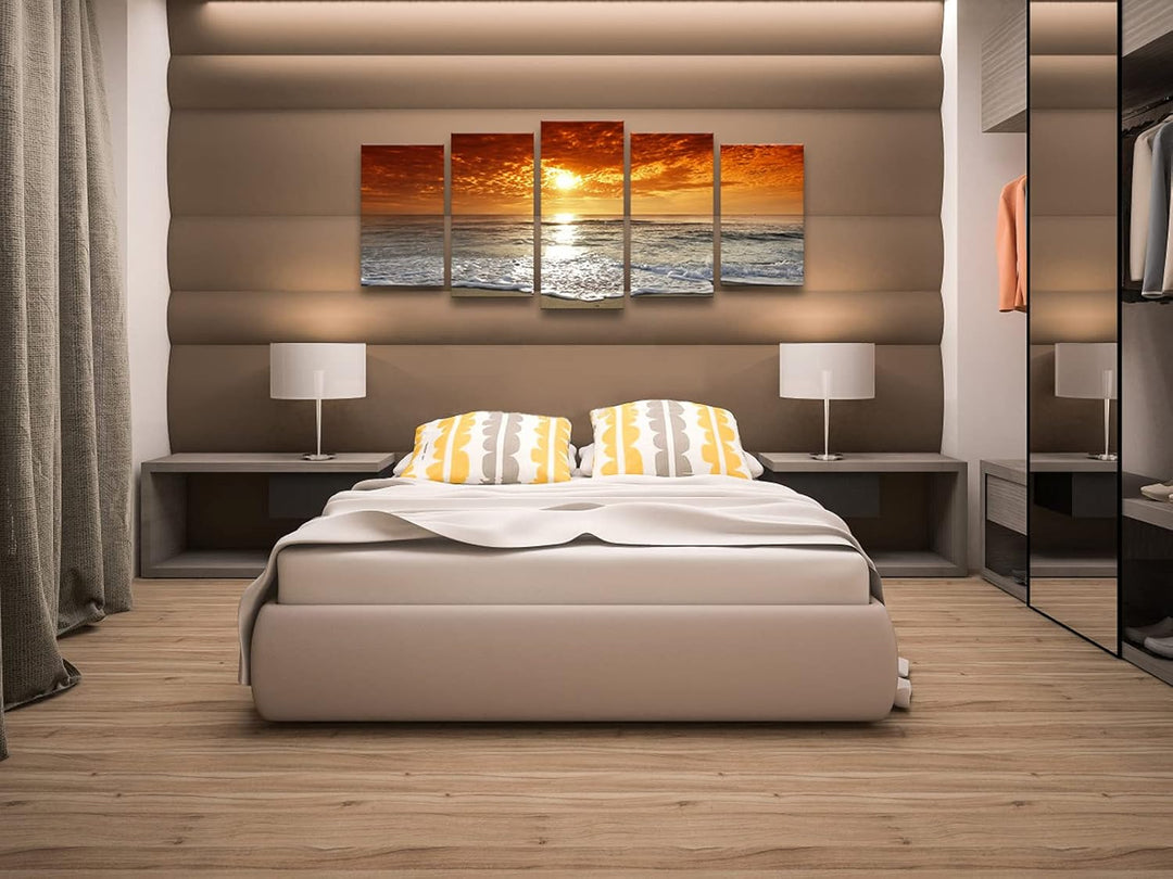 Grand Sight Extra Large 5 Panels Modern Landscape Artwork HD Seascape Giclee Canvas Prints Sea Beach Pictures to Photo Paintings on Canvas Wall Art for Home Decorations Wall Decor