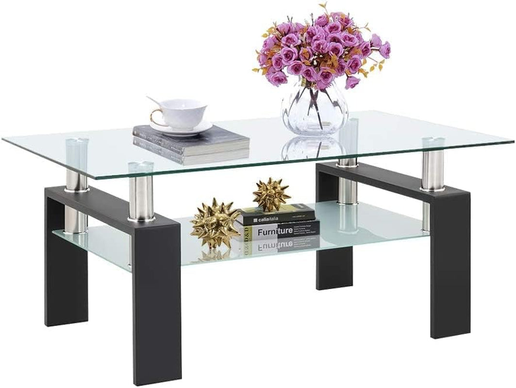 Rectangle Black Glass Coffee Table, Clear Coffee Table, Modern Side Center Tables for Living Room