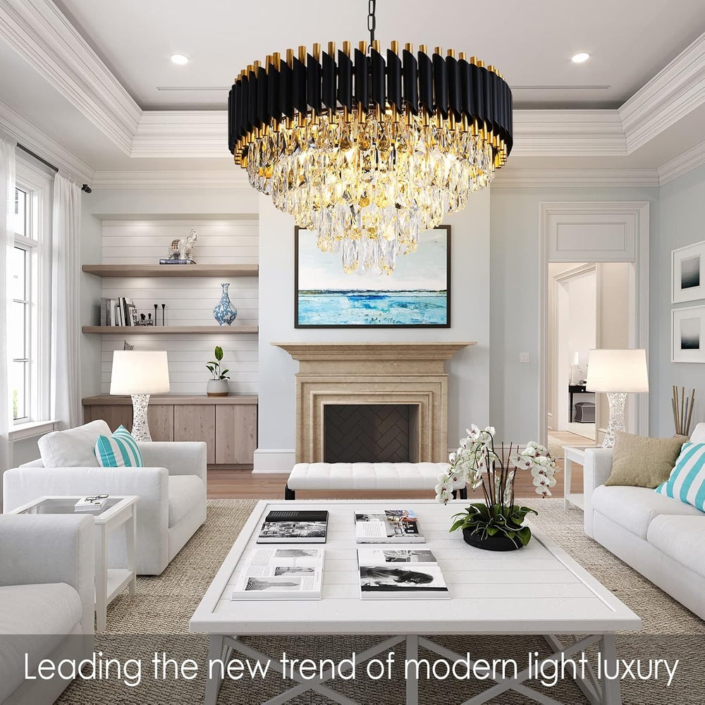 Gold Crystal Chandelier Contemporary, 24" Modern Living Room Chandeliers, K9 Crystal Ceiling Lights Fixtures, round 5 Tiers Pendant Lighting Chandelier Black for Entryway Dining Room Staircase