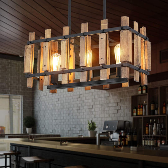 Rustic Farmhouse Pendant Light 3-Light Kitchen Island Lighting Fixture Rectangular Wood Cage Hanging Chandelier Lights for Dining Room Kitchen Island