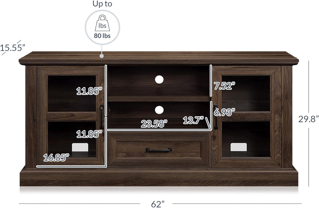 Rustic 62 Inch Modern TV Stand Fits Tvs up to 70 Inch, Storage Entertainment Center Console with Window Pane Glass Cabinet Doors and Adjustable Shelves - Trussati (Dark Walnut)