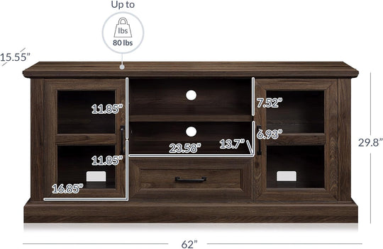 Rustic 62 Inch Modern TV Stand Fits Tvs up to 70 Inch, Storage Entertainment Center Console with Window Pane Glass Cabinet Doors and Adjustable Shelves - Trussati (Dark Walnut)