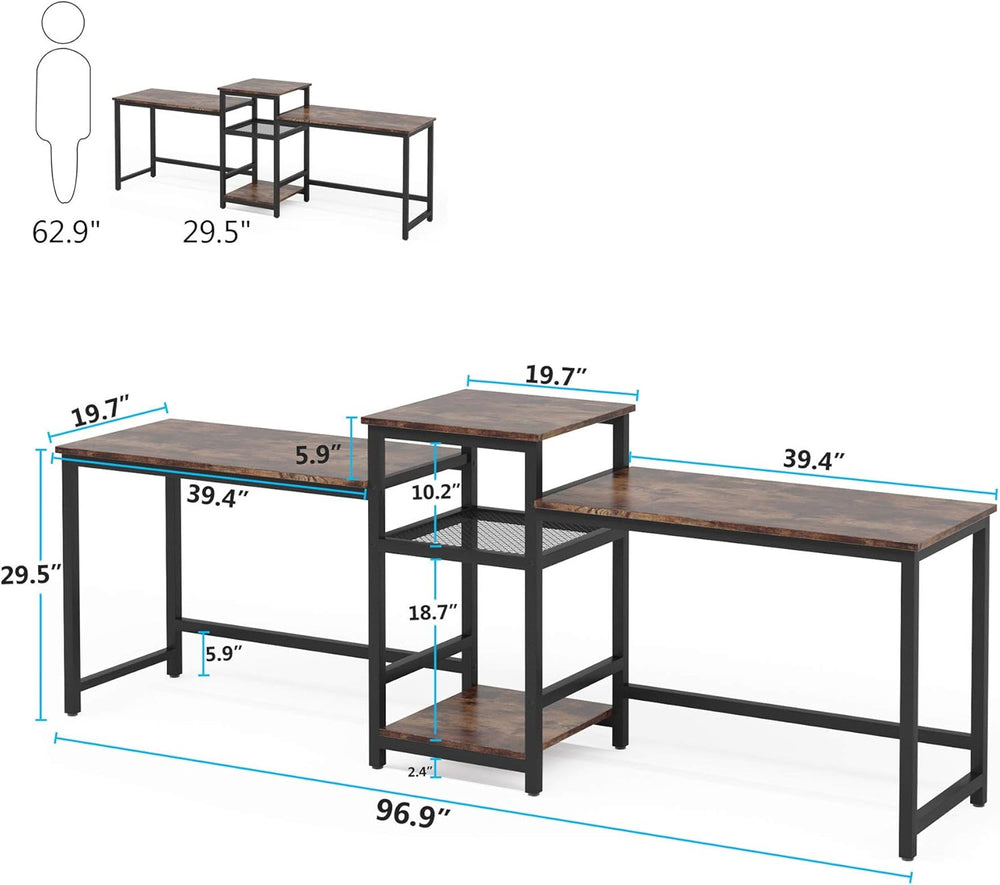 96.9" Double Computer Desk with Printer Shelf, Extra Long Two Person Desk Workstation with Storage Shelves, Large Office Desk Study Writing Table for Home Office, Dark Brown