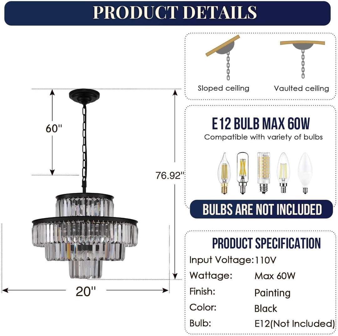 Black Luxury Crystal Chandelier Modern Chandeliers Lights Fixture Hanging Pendant Light Fixture for Dining Room Bedroom Living Room Dia 20 Inch-Black