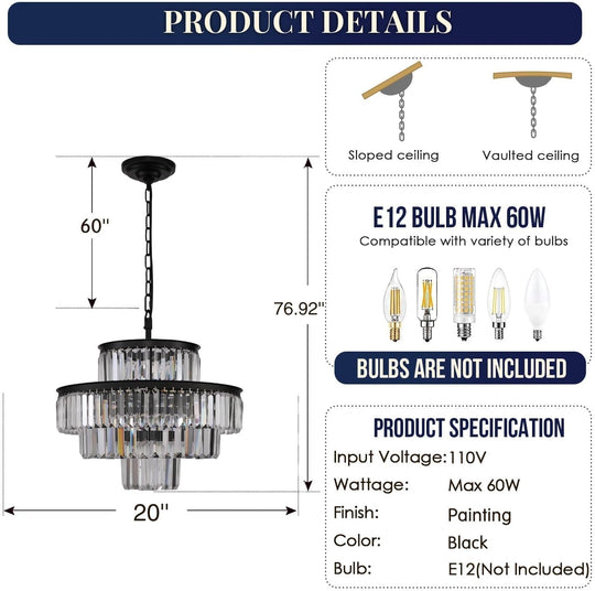 Black Luxury Crystal Chandelier Modern Chandeliers Lights Fixture Hanging Pendant Light Fixture for Dining Room Bedroom Living Room Dia 20 Inch-Black