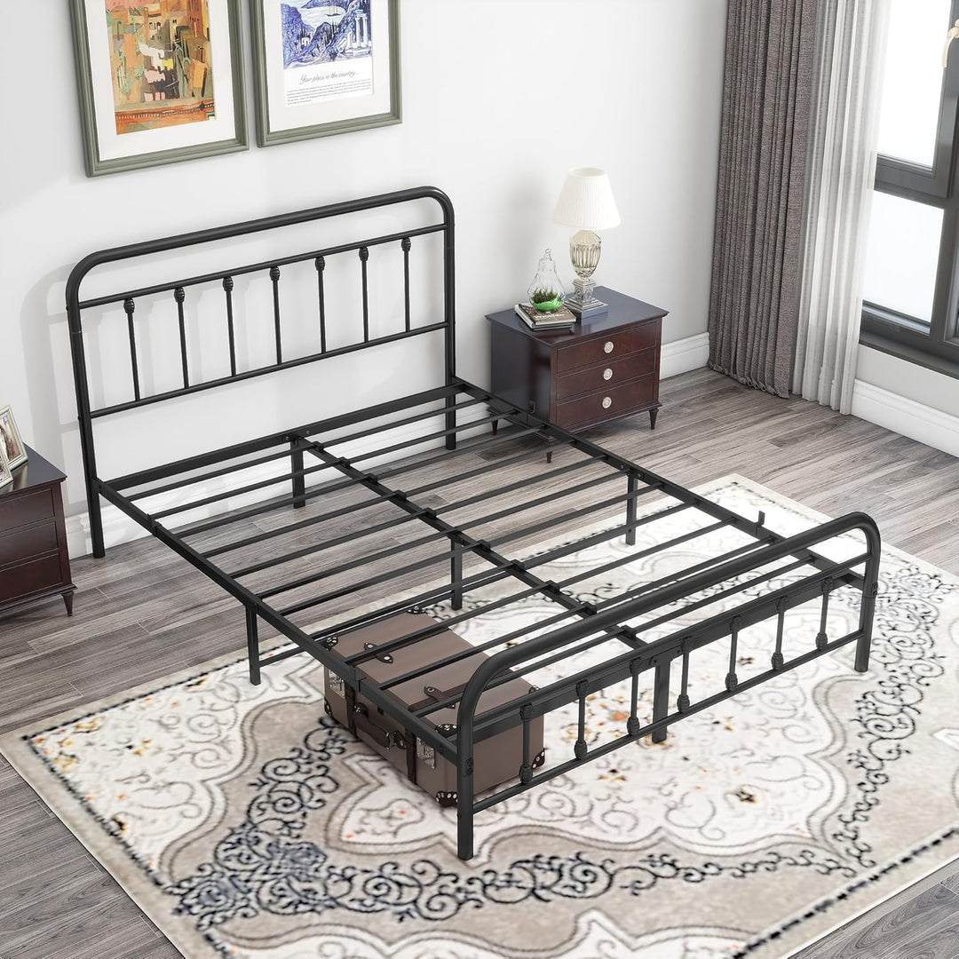 Metal Queen Bed Frame with Headboard and Footboard Farmhouse Platform Bed Frame Queen Size under Bed Storage No Box Spring Needed, Textured Black