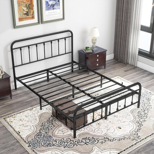 Metal Queen Bed Frame with Headboard and Footboard Farmhouse Platform Bed Frame Queen Size under Bed Storage No Box Spring Needed, Textured Black