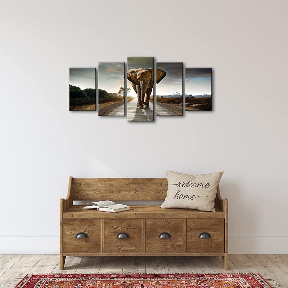 Elephant Canvas Prints Wall Art Animals Pictures to Photo Paintings Decor for Living Room Bedroom Home Decorations 5 Piece Modern Stretched and Framed Grace Grey Landscape Giclee Artwork