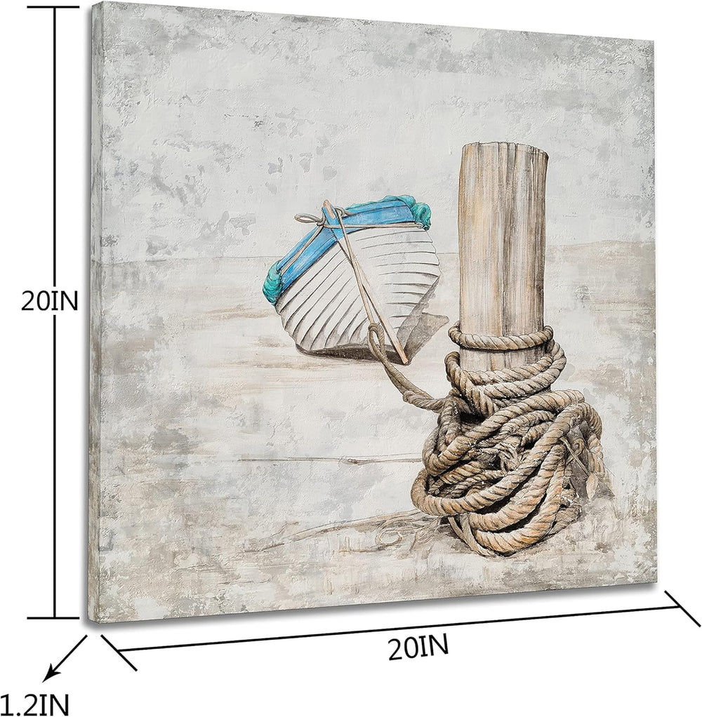 Nautical Canvas Wall Art with Hand Painted Textured, Modern Vintage Boat Paintings - Contemporary Rustic Coastal Pictures Artwork for Farmhouse Living Room Bedroom Bathroom Decor