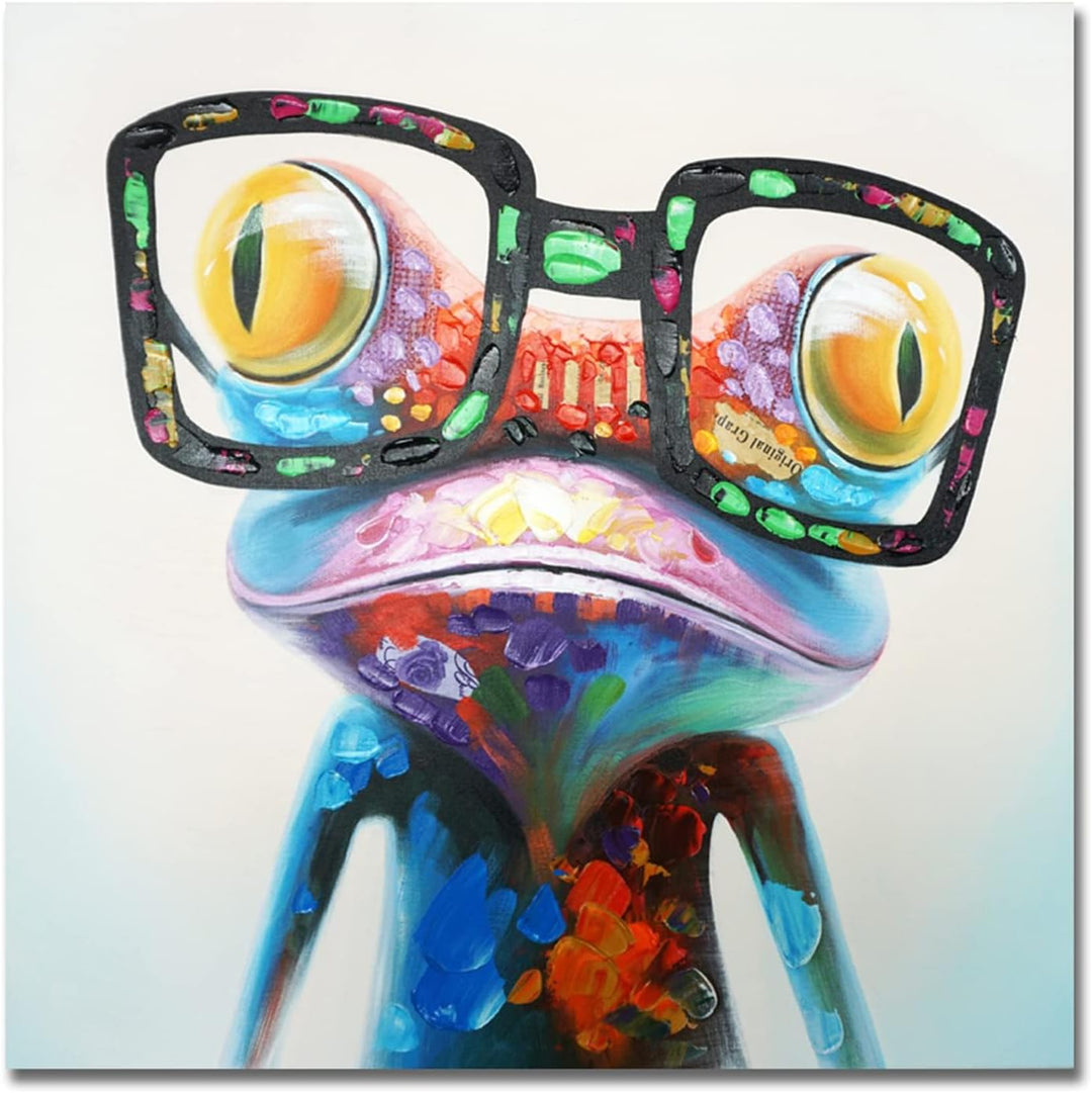 Frog Canvas Wall Art Colorful Animal Painting Pictures Happy Frog with Glasses Oil Painting Modern Framed Artwork for Bedroom Nursery Kids Room Office Decor 24"X24"