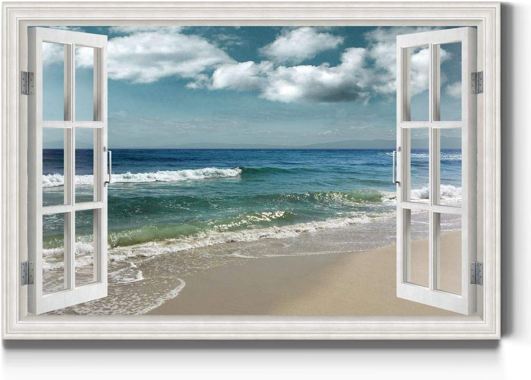 Canvas Nature Wall Art Home Paintings & Prints Artwork Cloudy Ocean Beach Sky Glam Romantic Window View Modern Decorations for Dining Room Office Kitchen - 18"X27" LT21