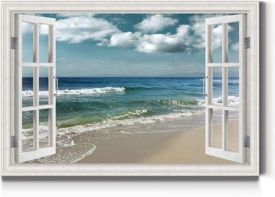 Canvas Nature Wall Art Home Paintings & Prints Artwork Cloudy Ocean Beach Sky Glam Romantic Window View Modern Decorations for Dining Room Office Kitchen - 18"X27" LT21