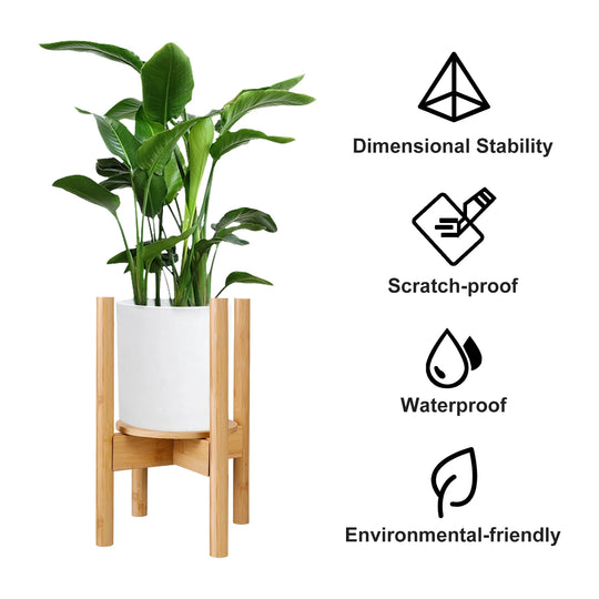 Adjustable Indoor Plant Stand, 15 Inch Tall Wooden Plant Holder, Mid Century Modern Wood Stand with Tray, Single Floor Flower Pot Holder for 9-12 Inch Width Pots