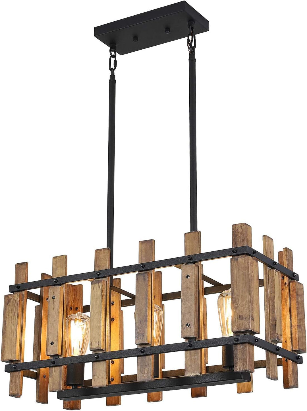 Rustic Farmhouse Pendant Light 3-Light Kitchen Island Lighting Fixture Rectangular Wood Cage Hanging Chandelier Lights for Dining Room Kitchen Island