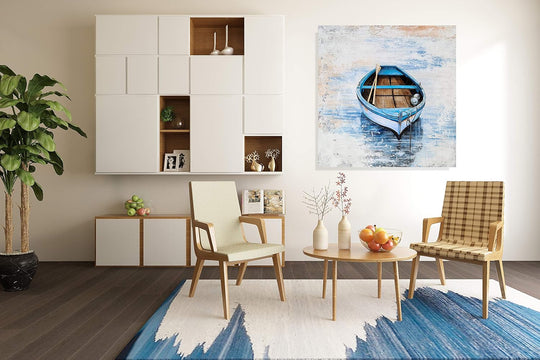Coastal Canvas Wall Decor Hand Painted Light Blue Sailing Boat Painting Square Pictures Modern Abstract Nautical Artwork for Living Room Bedroom Bathroom Decoration