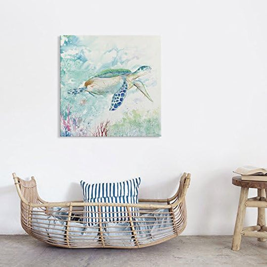 Sea Turtle Wall Art Bathroom Wall Décor Ocean Animal Pictures Painting Blue Green Beach Theme Canvas Print Nautical Coastal Artwork for Bedroom Living Room Office Home Décor