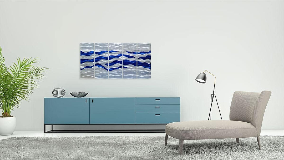 Abstract Coastal Metal Wall Art Handcrafted Big 3D Blue and Silver Artwork Modern Sea Waves Pictures Contemporary Sculpture for Living Room Bedroom Bathroom Decor