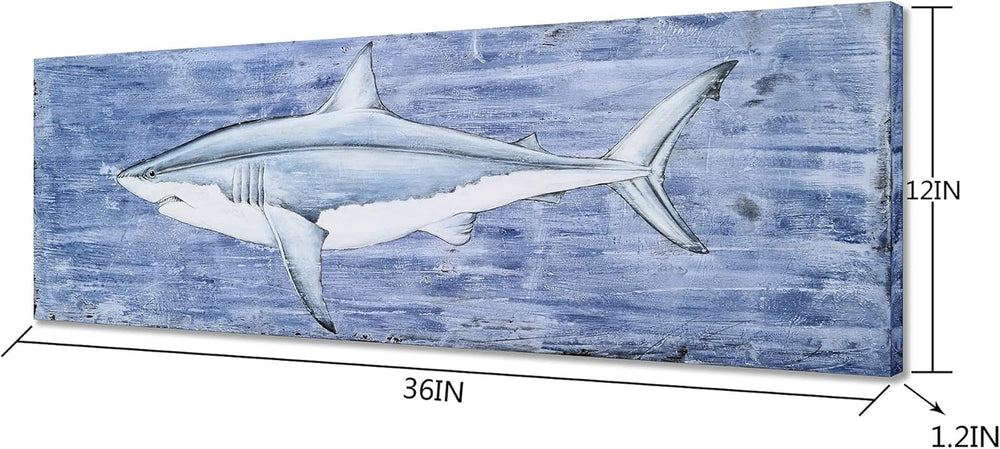 Shark Canvas Wall Art with Textured - Fish Paintings in Blue and White Color - Contemporary Sea Life Artwork for Living Room Bedroom Bathroom Decor