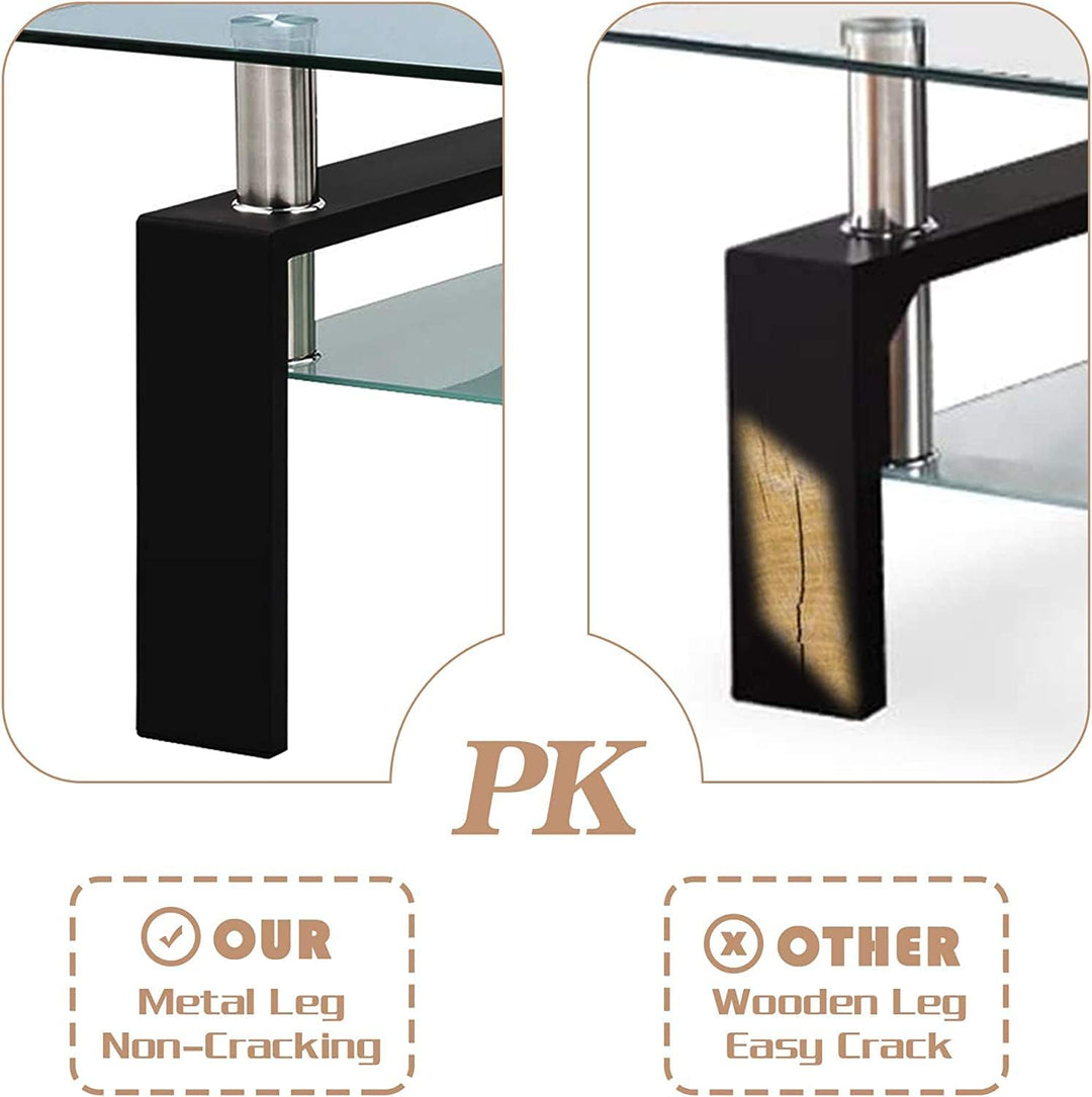 Rectangle Black Glass Coffee Table, Clear Coffee Table, Modern Side Center Tables for Living Room