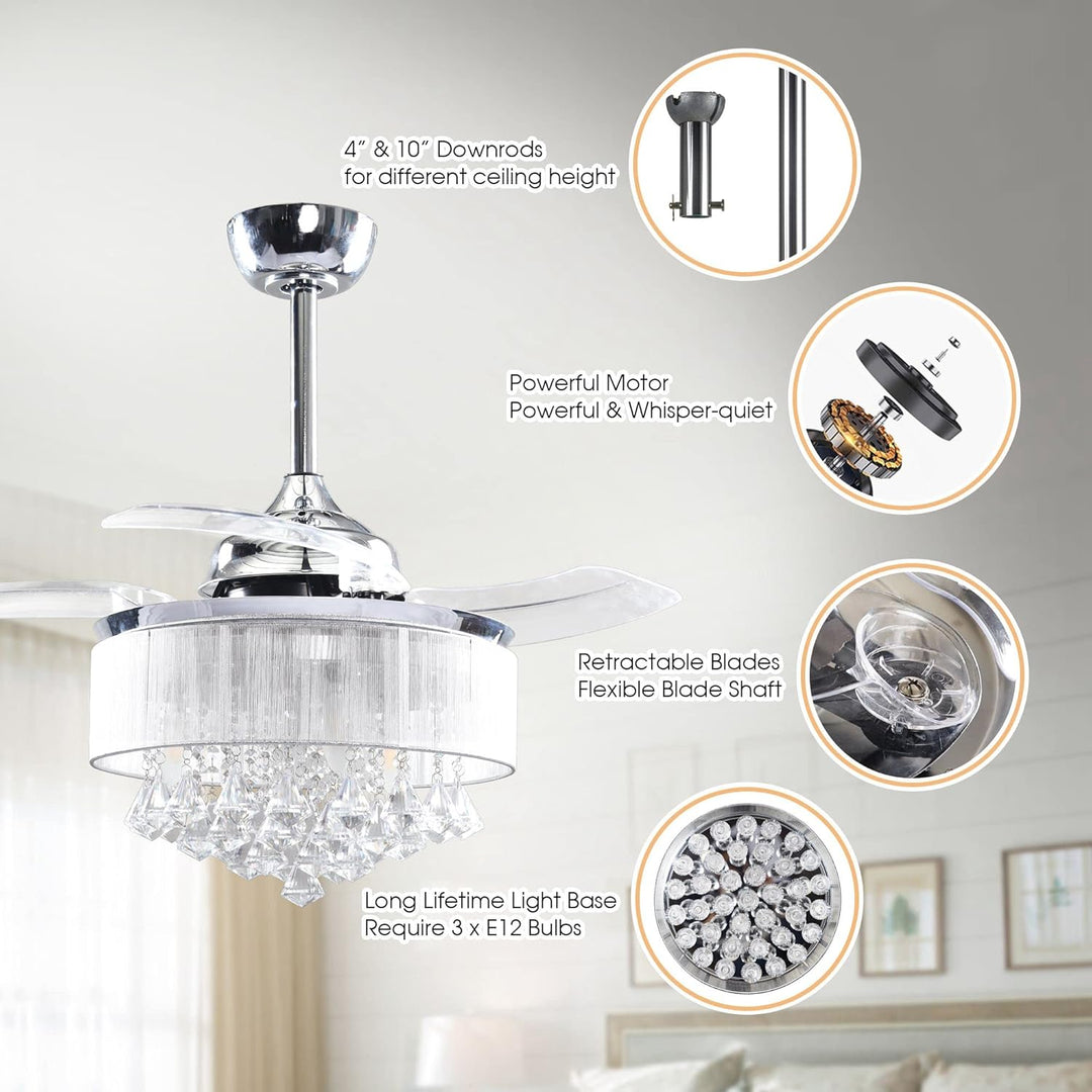 Ceiling Fans with Lights and Remote Crystal Chandelier Ceiling Fan with Light for Bedroom 3 Retractable Blades, 36 Inch, Silver