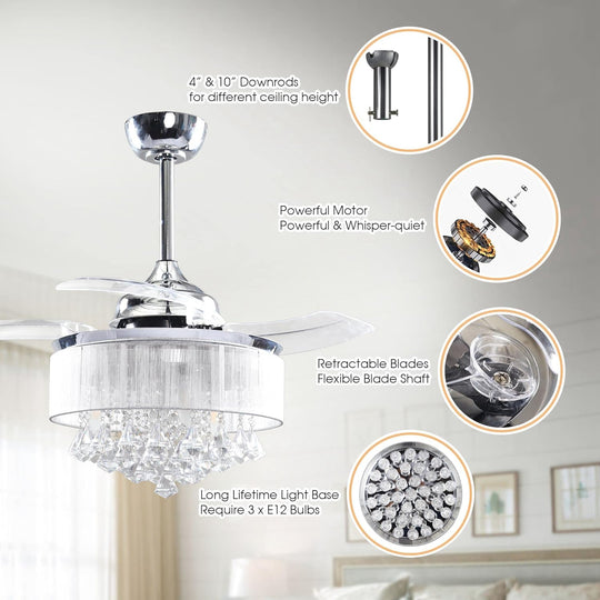 Ceiling Fans with Lights and Remote Crystal Chandelier Ceiling Fan with Light for Bedroom 3 Retractable Blades, 36 Inch, Silver