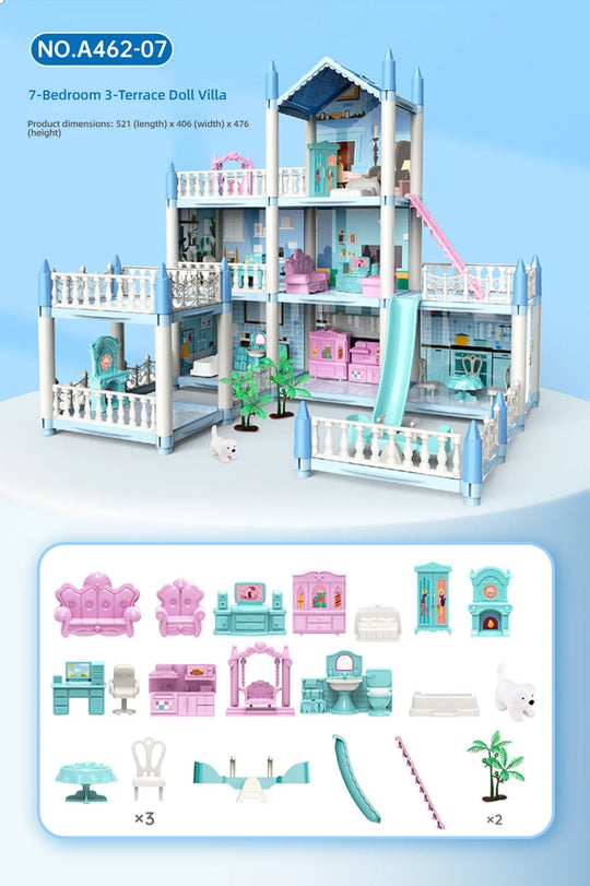 3D DIY Princess Castle Doll House Kit with LED Lights | Miniature Villa Model | Creative Birthday Gift Toy & Home Decoration
