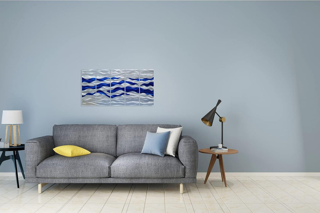 Abstract Coastal Metal Wall Art Handcrafted Big 3D Blue and Silver Artwork Modern Sea Waves Pictures Contemporary Sculpture for Living Room Bedroom Bathroom Decor