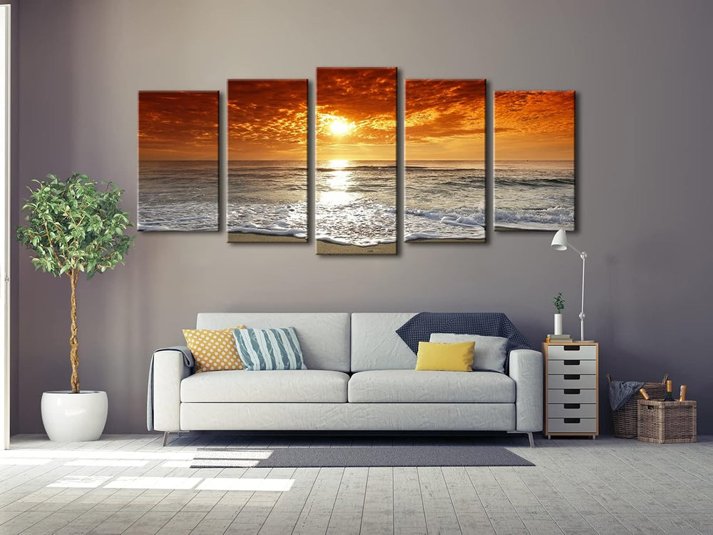 Grand Sight Extra Large 5 Panels Modern Landscape Artwork HD Seascape Giclee Canvas Prints Sea Beach Pictures to Photo Paintings on Canvas Wall Art for Home Decorations Wall Decor