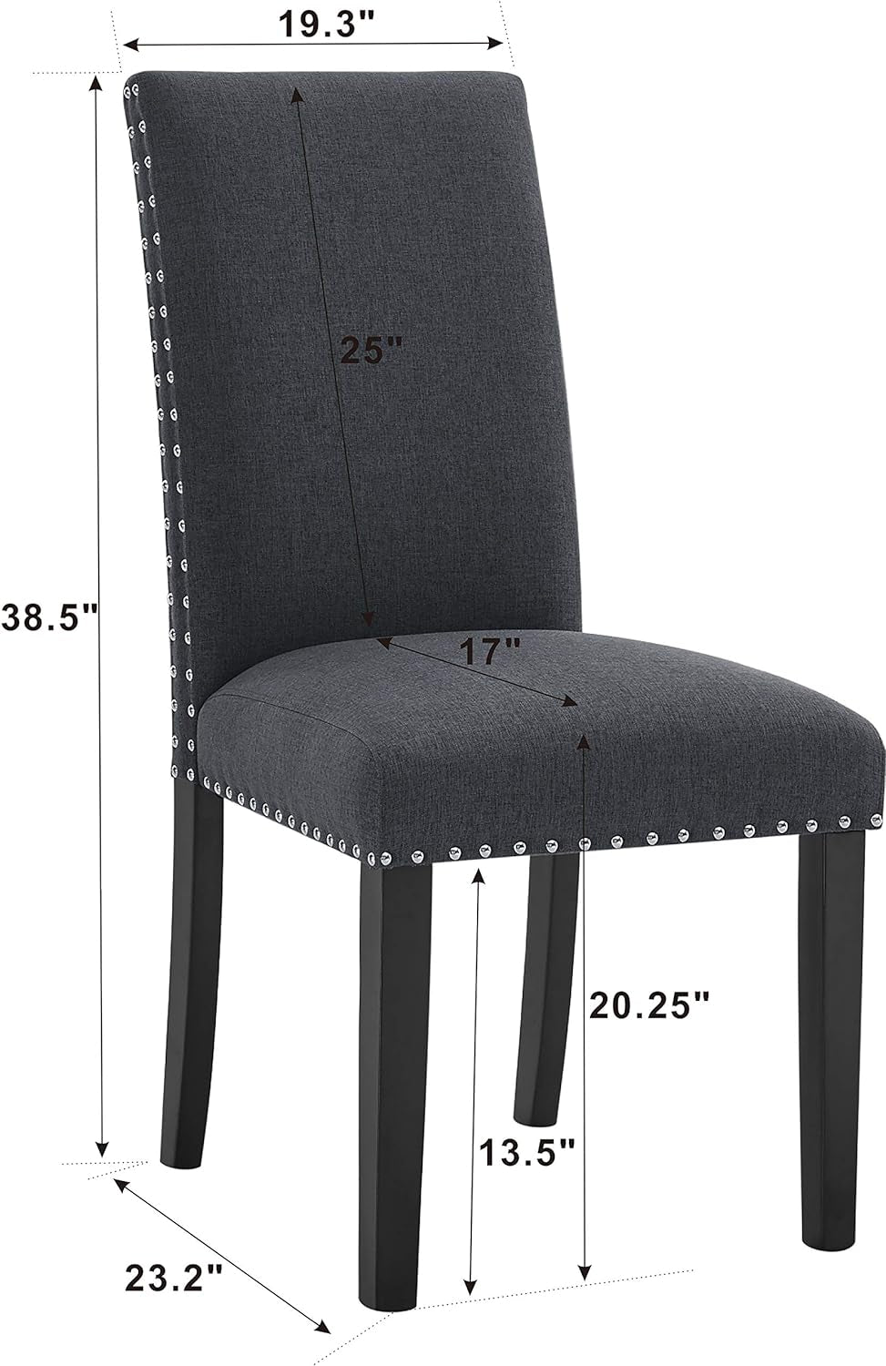 Fabric Dining Chairs Set of 2, Upholstered Dining Chairs with Nailhead Trim, Parsons Dining Chairs Kitchen Chairs High Back Dining Room Chairs Side Chairs for Kitchen Dining Room (2, Dark Grey)