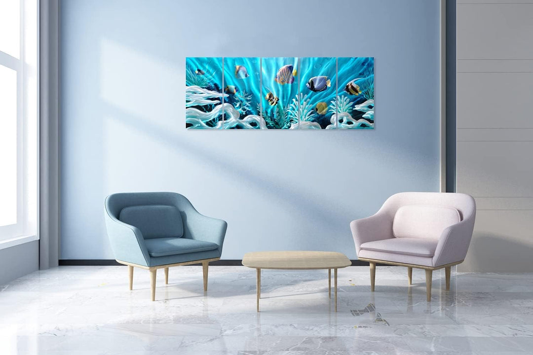 Fish Metal Wall Art Hand Crafted Large 3D Sea Life Pictures Modern Abstract Coastal Aluminum Artwork Contemporary Sculpture for Living Room Bedroom Dinning Decor