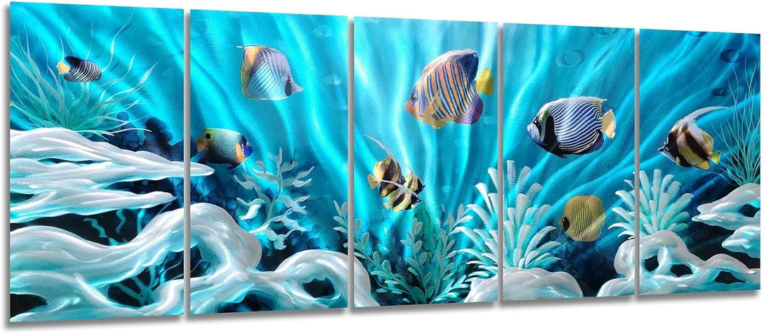Fish Metal Wall Art Hand Crafted Large 3D Sea Life Pictures Modern Abstract Coastal Aluminum Artwork Contemporary Sculpture for Living Room Bedroom Dinning Decor