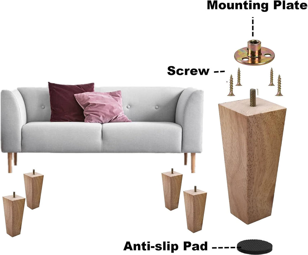 4Pcs Sofa Legs | 6 Inch Vintage Couch Hardware Accessaries | Great Wooden Furniture Replacement Legs for Armchair Recliner Coffee Table | Dresser | Bed,Brown (Wooden Square 6 In)