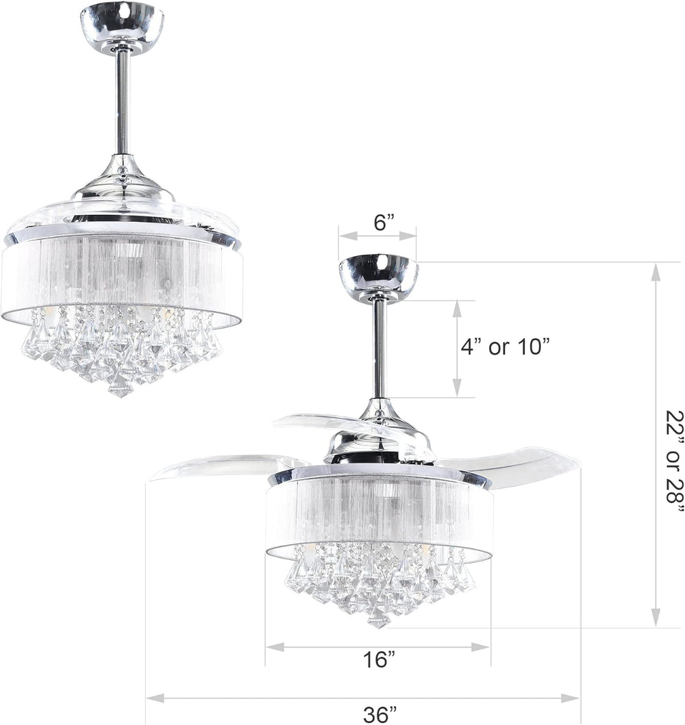 Ceiling Fans with Lights and Remote Crystal Chandelier Ceiling Fan with Light for Bedroom 3 Retractable Blades, 36 Inch, Silver