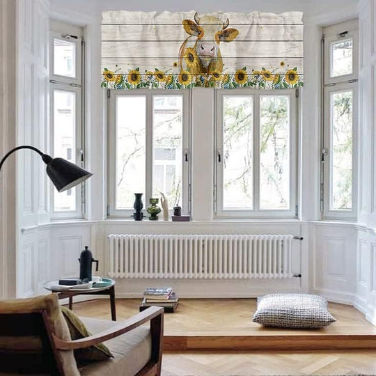 Sunflower Valances for Kitchen, Sunflower Cow Valances for Windows, Floral Kitchen Curtains Rod Pocket Bathroom Curtains Window, Kitchen Window Curtains over Sink, 54X18In Kitchen Valances for Windows