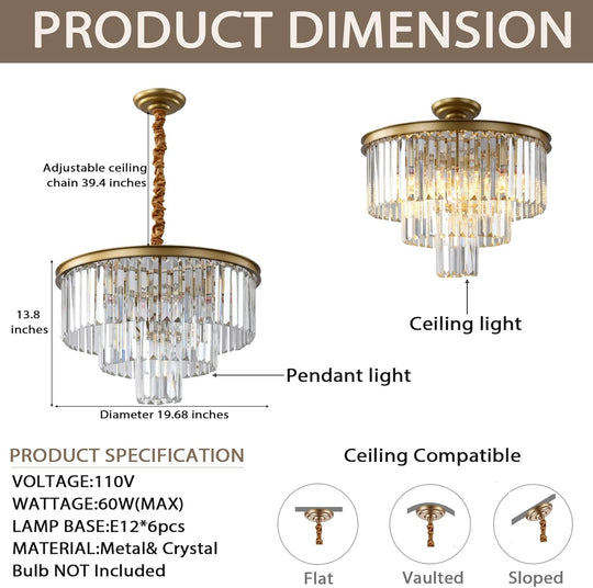 Golden Crystal Chandelier Lighting K9 Crystal round Chandelier Suspended Ceiling Light Fixture 3 Tier Suitable for Modern Dining Room Living Room Bedroom Stairs
