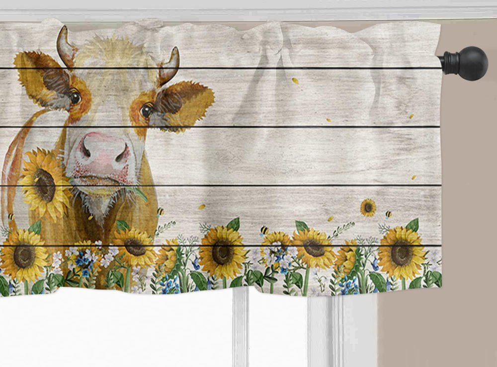 Sunflower Valances for Kitchen, Sunflower Cow Valances for Windows, Floral Kitchen Curtains Rod Pocket Bathroom Curtains Window, Kitchen Window Curtains over Sink, 54X18In Kitchen Valances for Windows