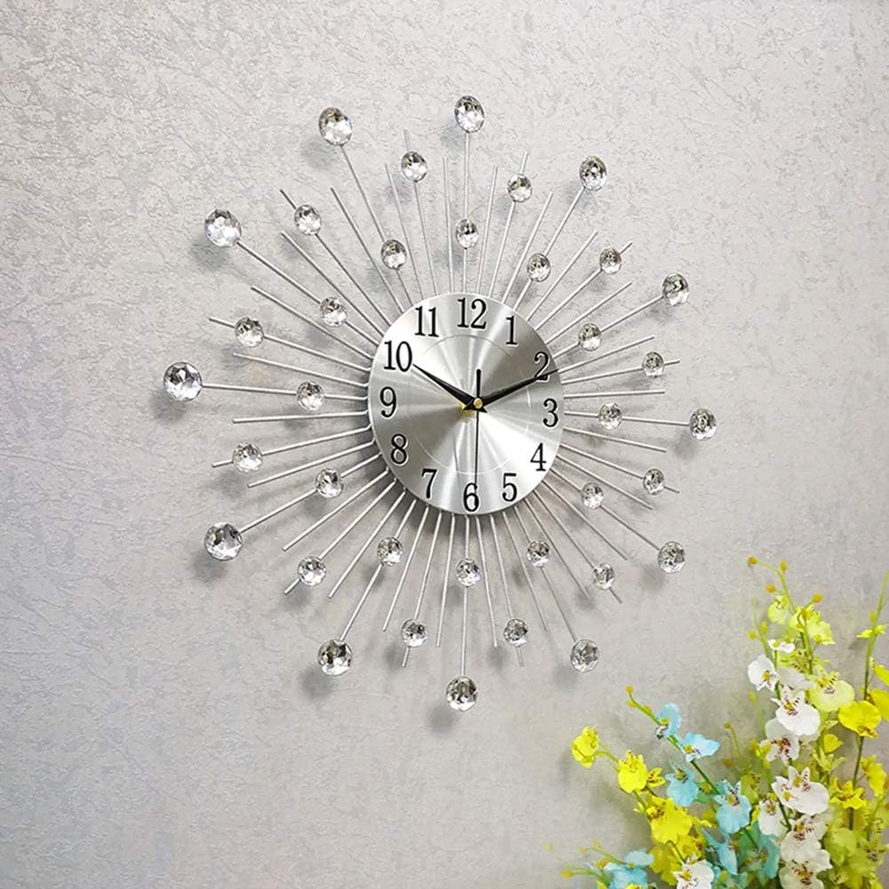 Modern Metal Crystal 3D Morden Wall Clock Design Home Decor, Decorative Silent Clock for Living Room, Bedroom, Office Space,Silver,70Cm(28In)