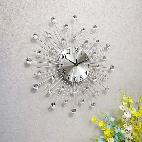 Modern Metal Crystal 3D Morden Wall Clock Design Home Decor, Decorative Silent Clock for Living Room, Bedroom, Office Space,Silver,70Cm(28In)