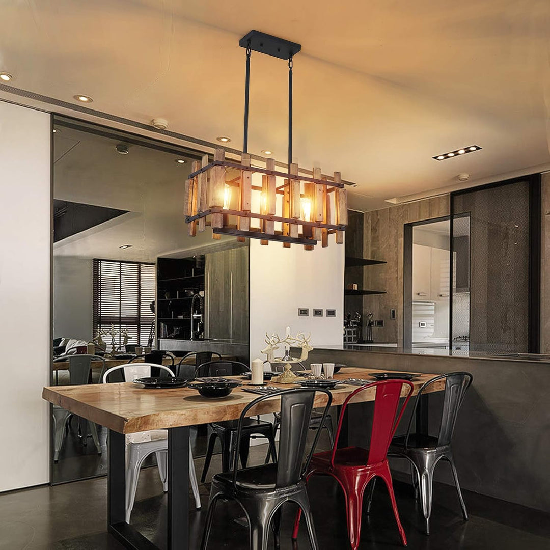 Rustic Farmhouse Pendant Light 3-Light Kitchen Island Lighting Fixture Rectangular Wood Cage Hanging Chandelier Lights for Dining Room Kitchen Island